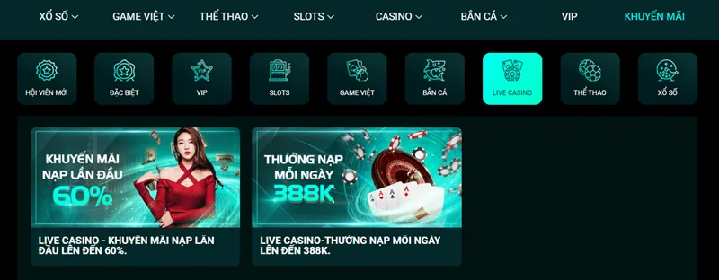 Live Casino: Nhận ưu đãi cho lần đầu nạp thẻ lên đến 60% tại nhà cái 8DAY